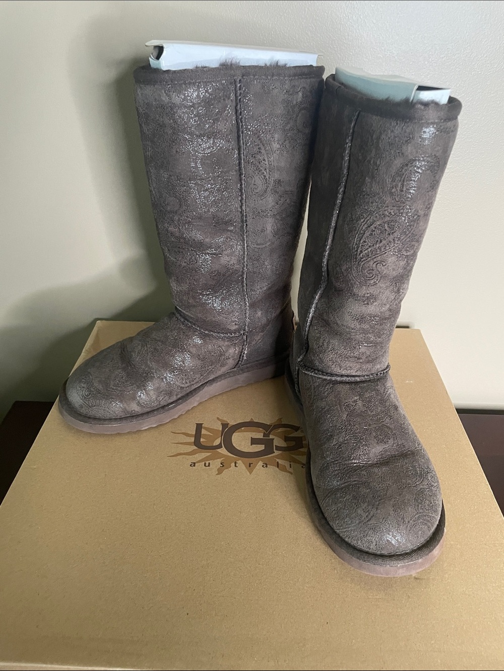UGG Paisley-Embossed Suede Mid-Calf Boots in Chocolate